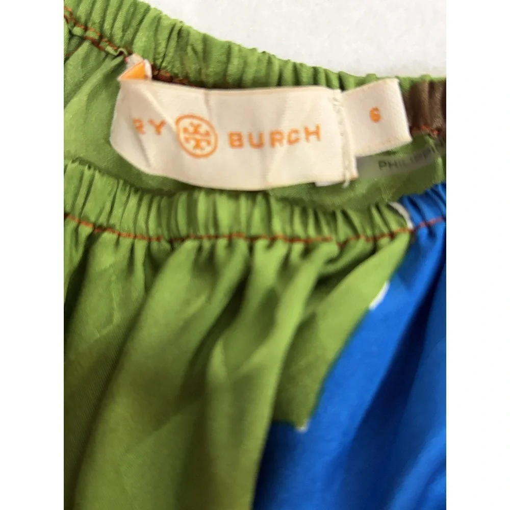 Tory Burch Silk Off The Shoulder Blouse Blue Green Abstract Print 73951 Size 6